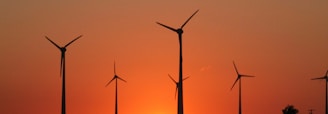 a group of windmills are silhouetted against a sunset