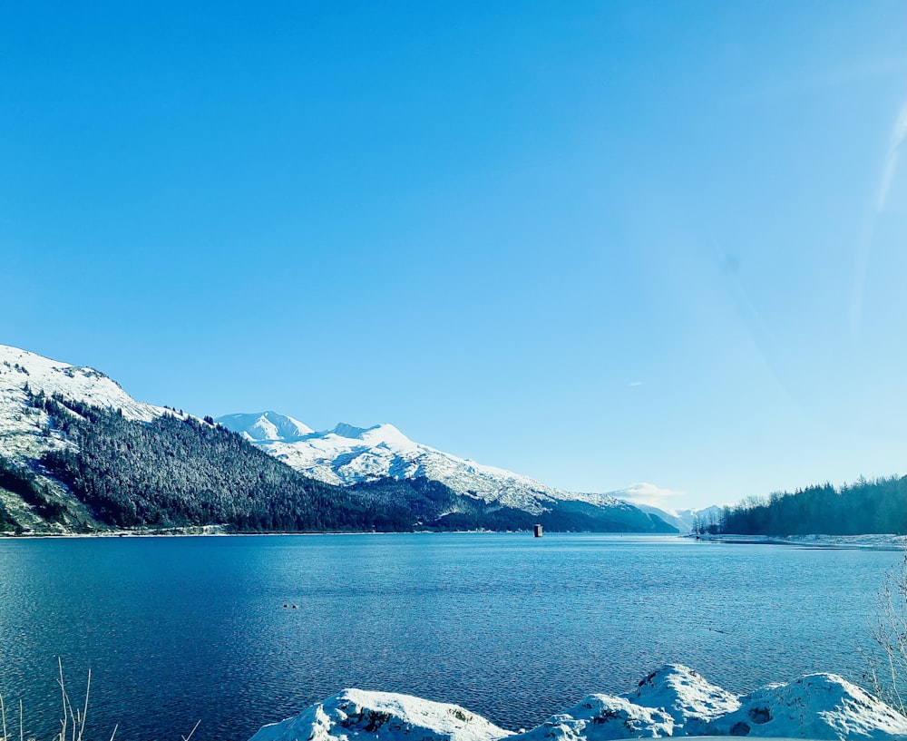 a large body of water surrounded by snow covered mountains