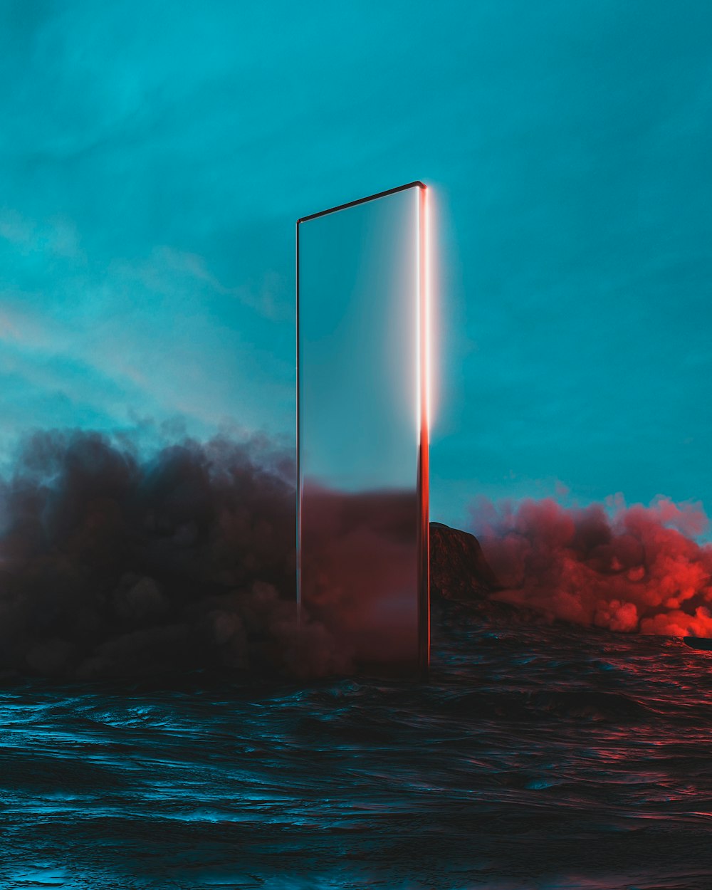 a large mirror sitting in the middle of a body of water