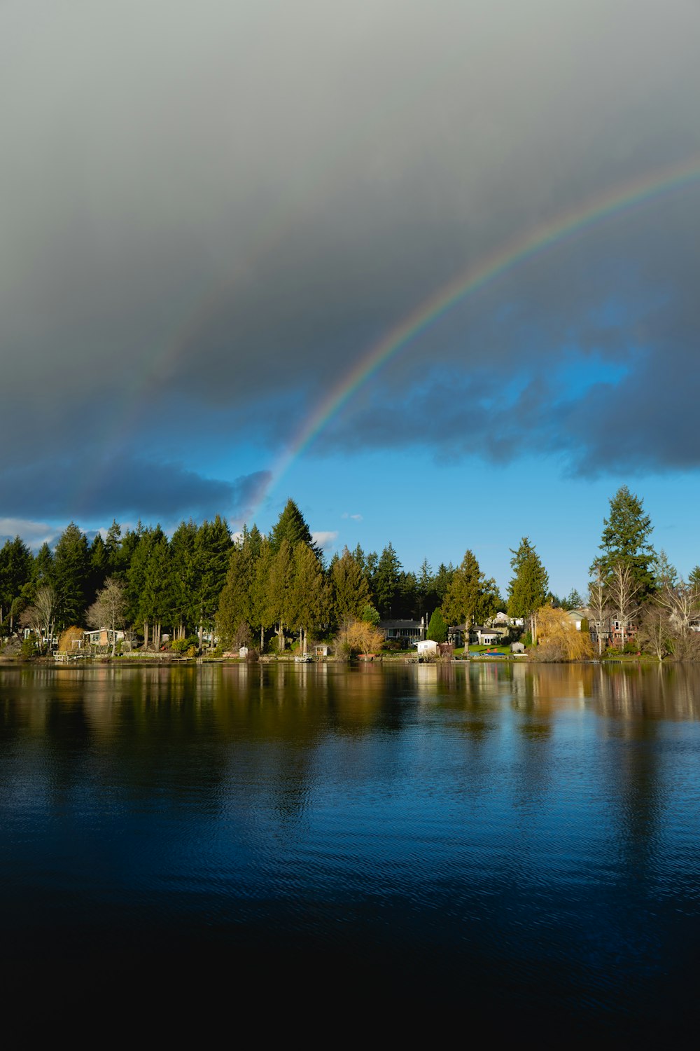 a rainbow in the sky over a lake