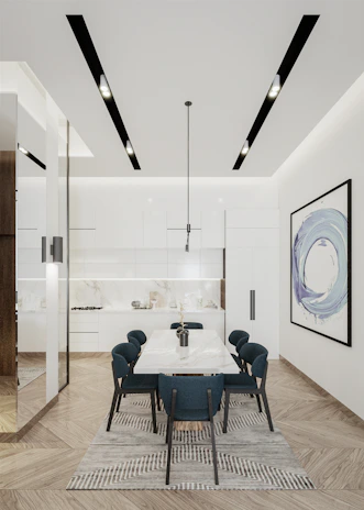 Sketch of an open-plan kitchen and dining area featuring soft shadows and blueprint grid overlays.
