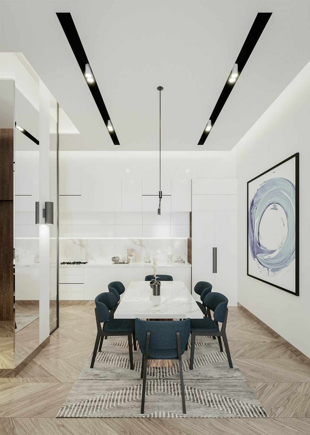 a dining room with a large white table surrounded by blue chairs