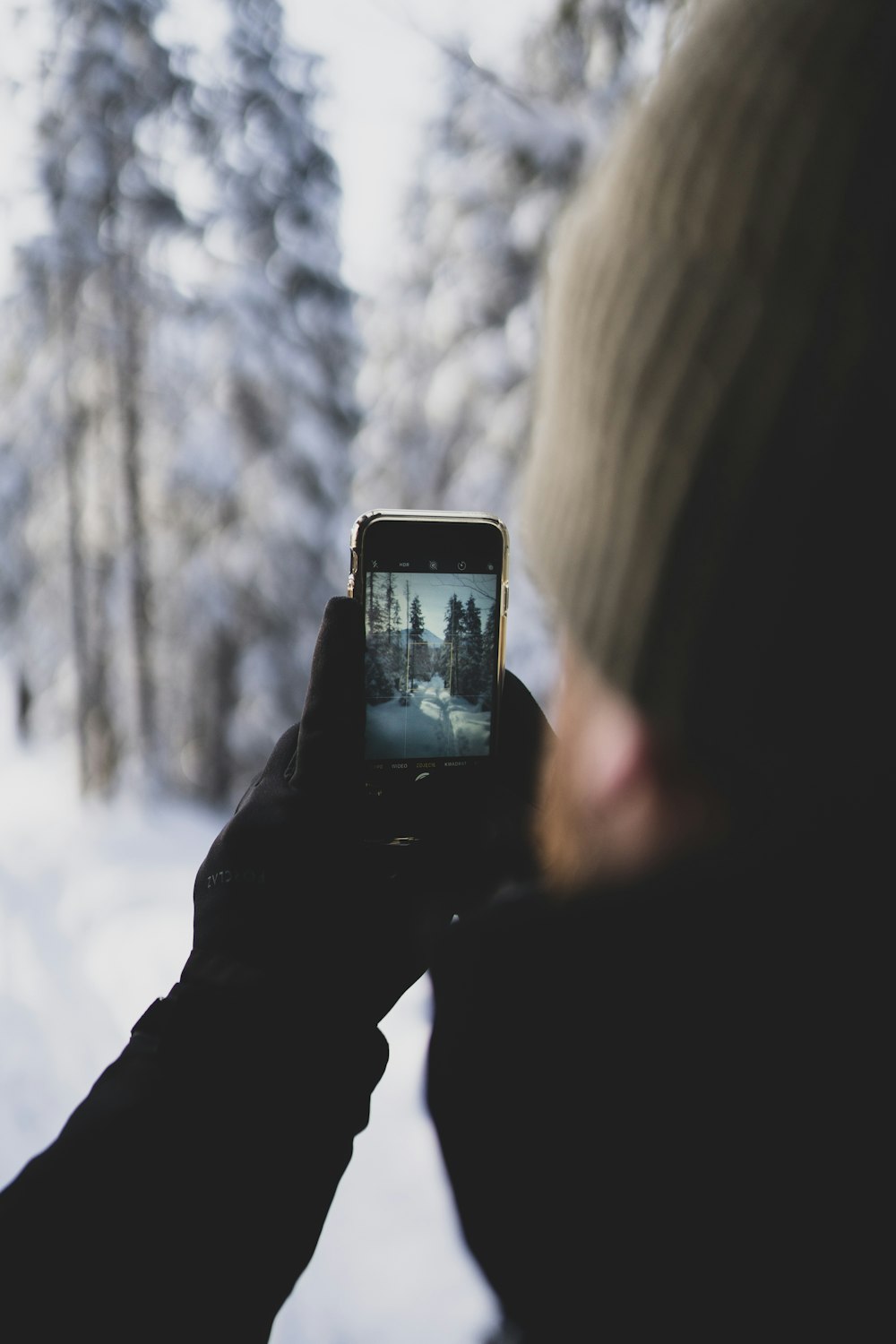 a man taking a picture of a snow covered forest