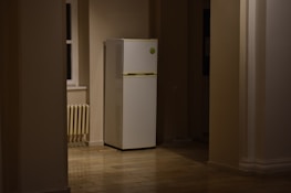 A dimly lit hallway with wooden floors features a white refrigerator situated against a wall. There is a radiator next to a window on the left side, and the space has a minimalistic appearance with neutral-colored walls.