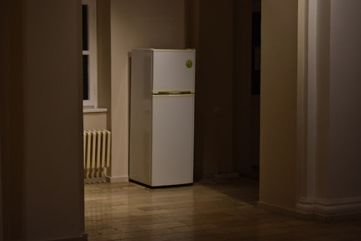 A dimly lit hallway with wooden floors features a white refrigerator situated against a wall. There is a radiator next to a window on the left side, and the space has a minimalistic appearance with neutral-colored walls.