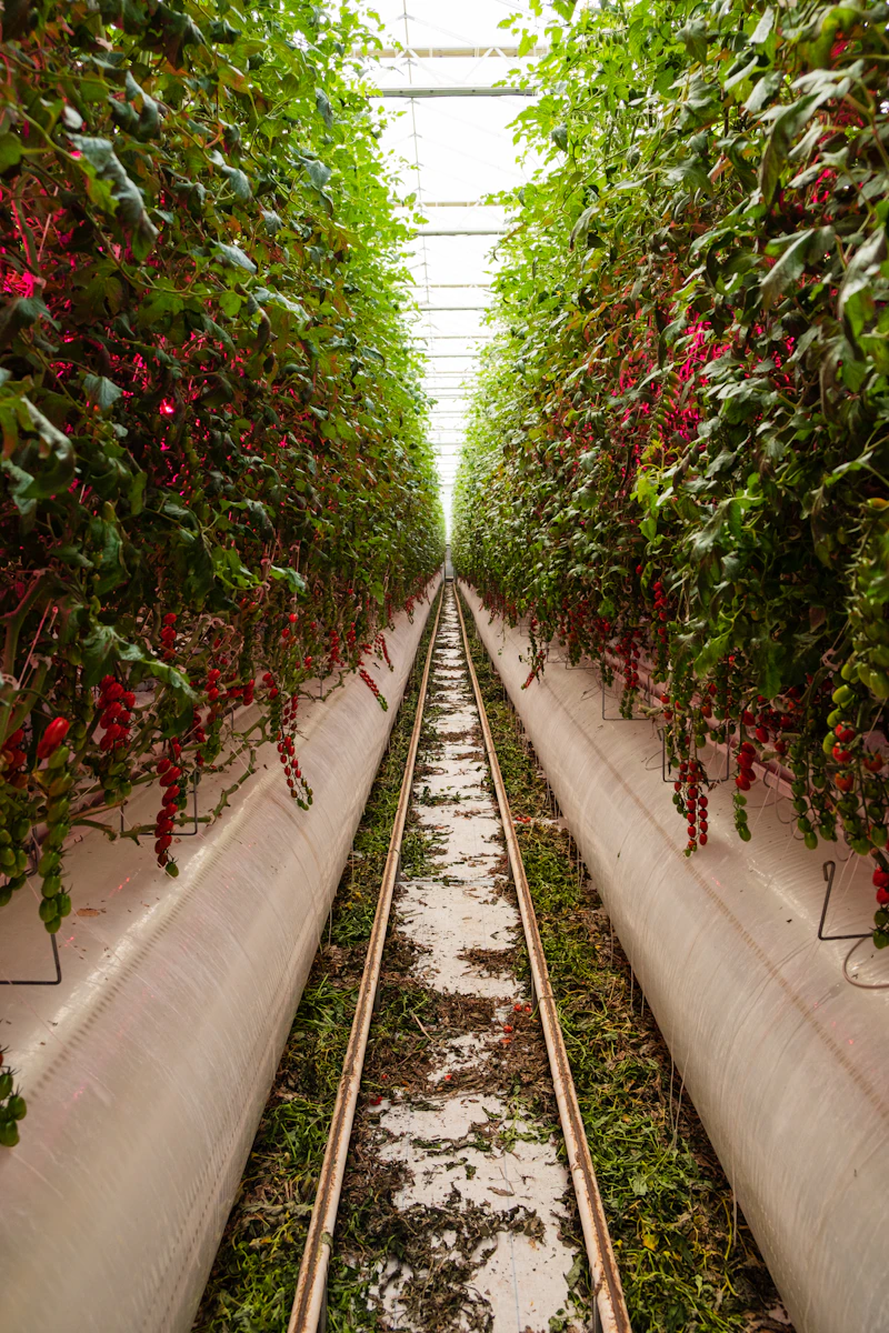 Long rows of plants inside a polyhouse