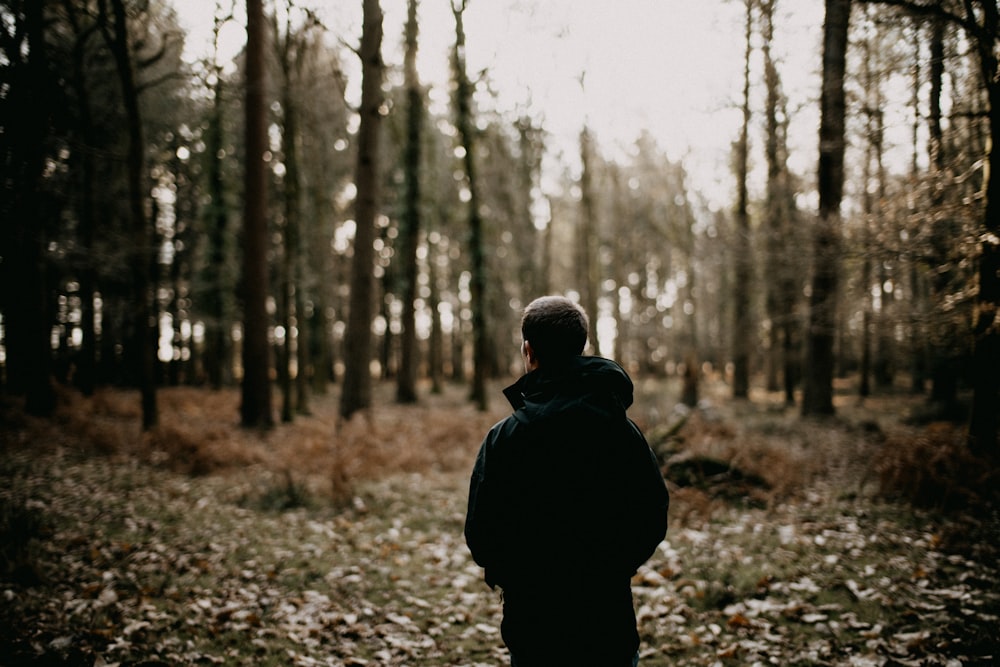 a man standing in the middle of a forest