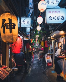 a narrow alley with asian signs hanging from the ceiling