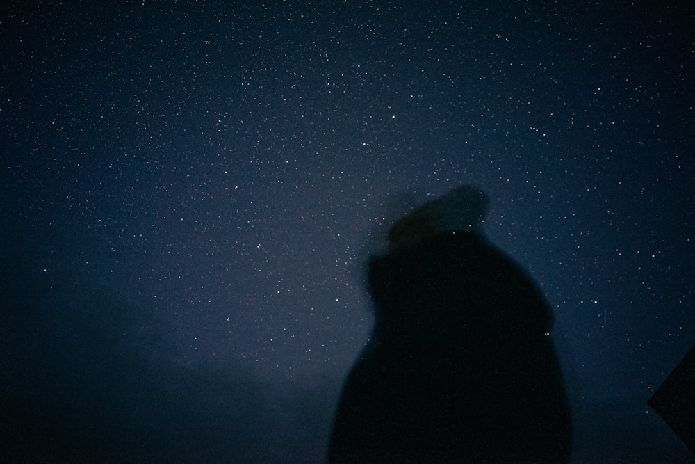 a person standing in the dark under a night sky