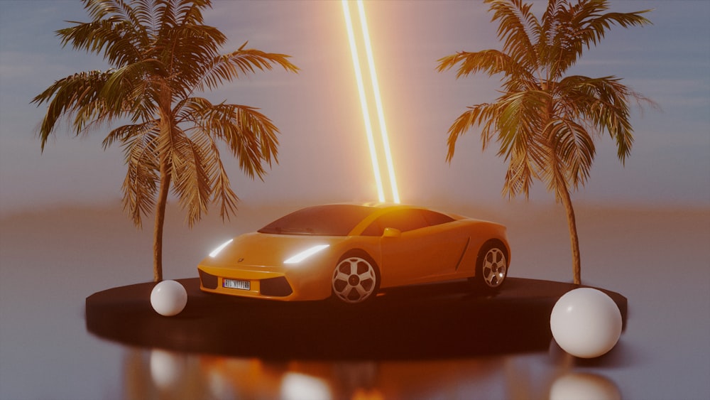 a yellow sports car driving past palm trees