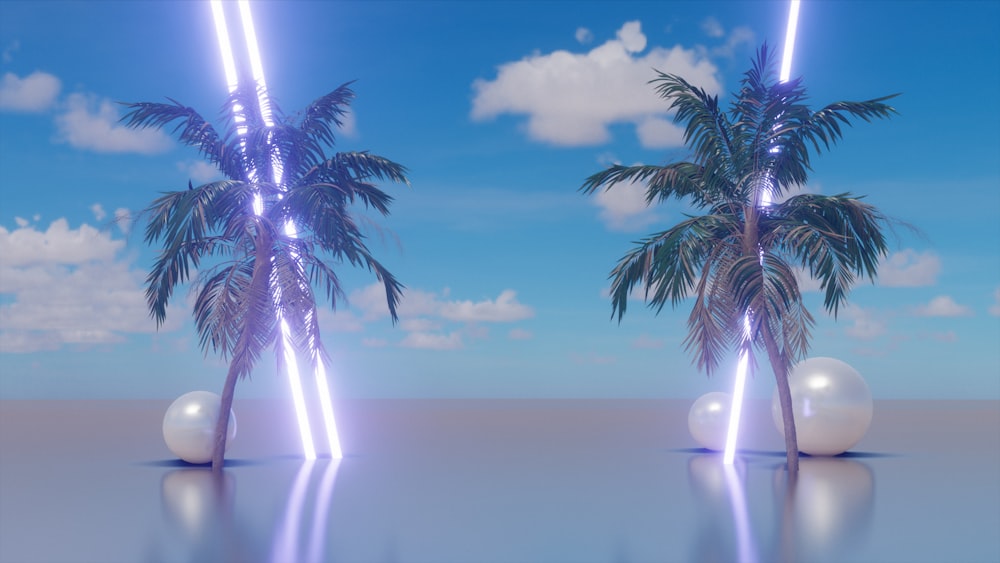 a couple of palm trees sitting next to each other