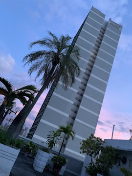A tall, modern apartment building with a series of horizontal stripes is captured from a low angle. The sky is a mix of soft blue and pink hues. Lush palm trees and tropical plants are in the foreground, adding to the serene urban atmosphere.