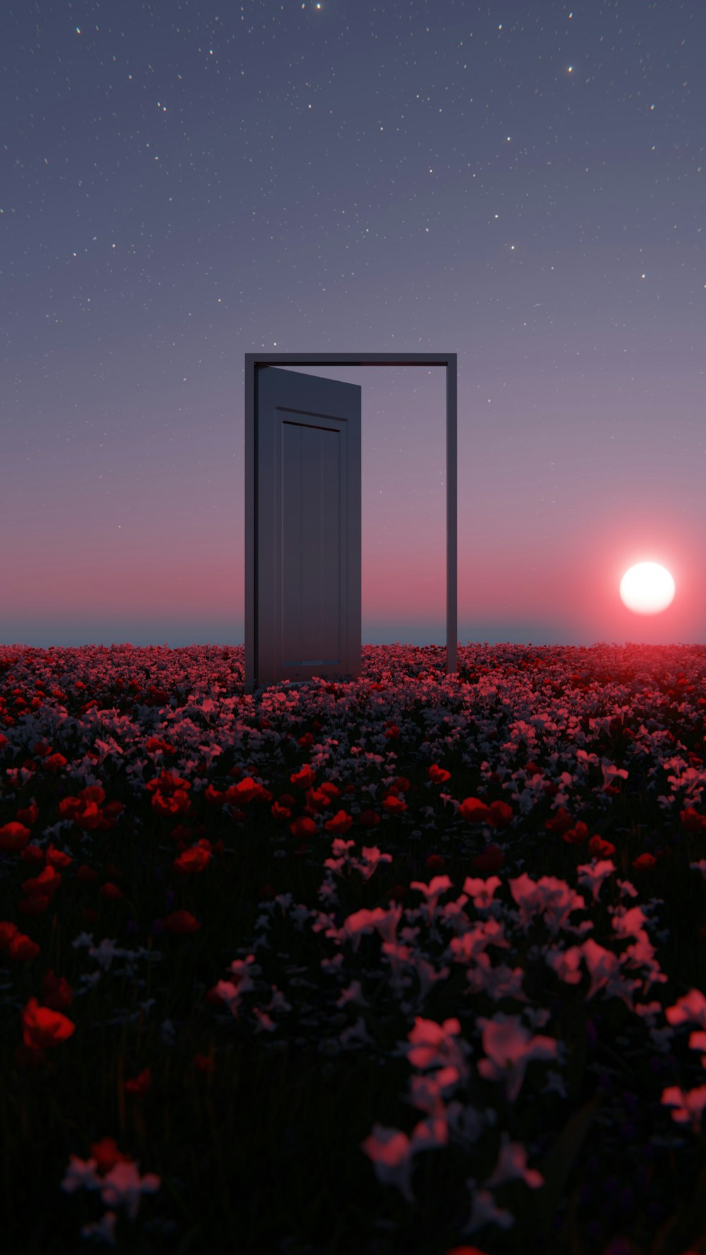 an open door in the middle of a field of flowers