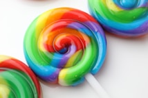 A vibrant and colorful spiral lollipop with a rainbow pattern, featuring bright shades of red, orange, yellow, green, blue, and purple. The lollipop's glossy surface highlights its sugary texture, and it rests on a white background, which accentuates the vivid colors.
