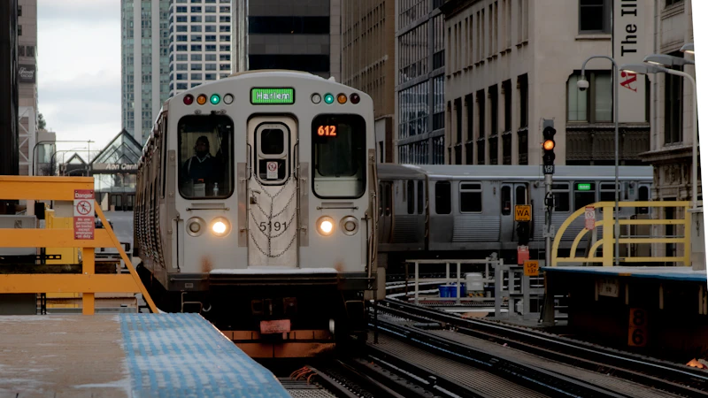 A CTA train arriving at an elevated station in downtown Chicago