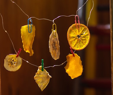 a group of dried fruit hanging from a line