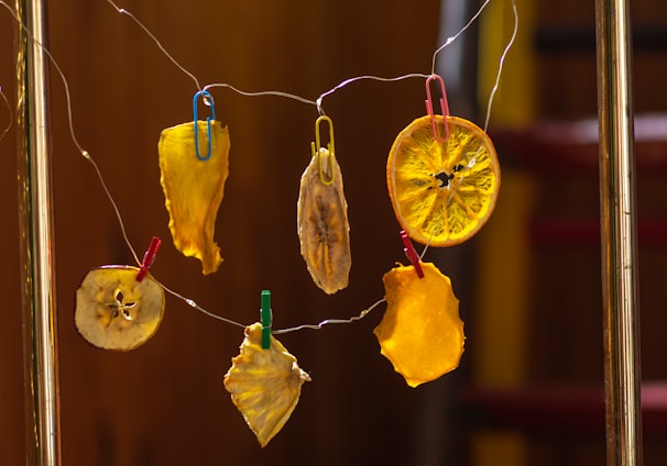 a group of dried fruit hanging from a line