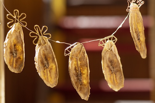 Several banana slices are hanging on a line using unique flower-shaped clips. The bananas appear to be dried, with a golden-brown color and visible dark spots along the length. The background is softly blurred, adding focus to the hanging bananas.