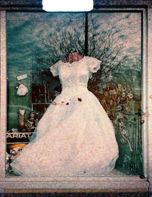 A white lace dress with intricate patterns is displayed in a shop window. The dress is set against a backdrop of bare tree branches and a cloudy sky, creating a reflection on the glass. Inside the window display, there is a cowboy boot and a small doll in traditional attire. A few blossoms can be seen in the background, adding to the setting.