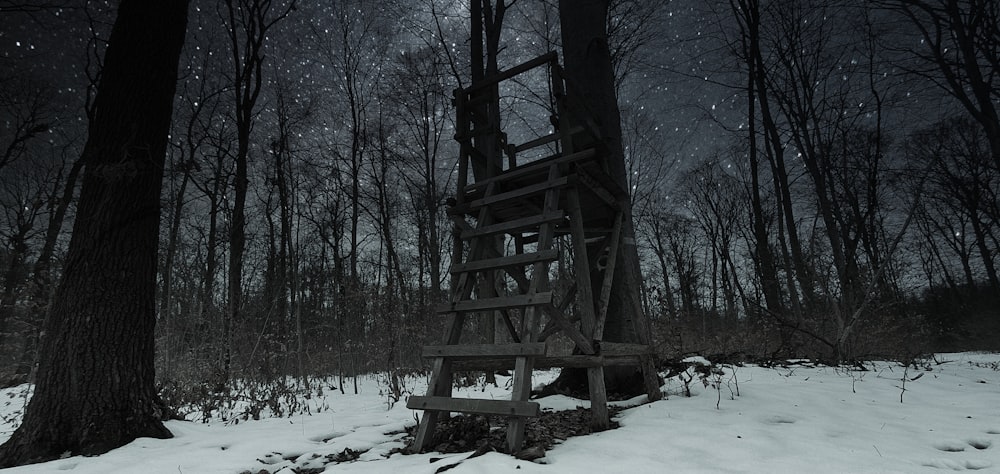 a wooden structure in the middle of a snowy forest