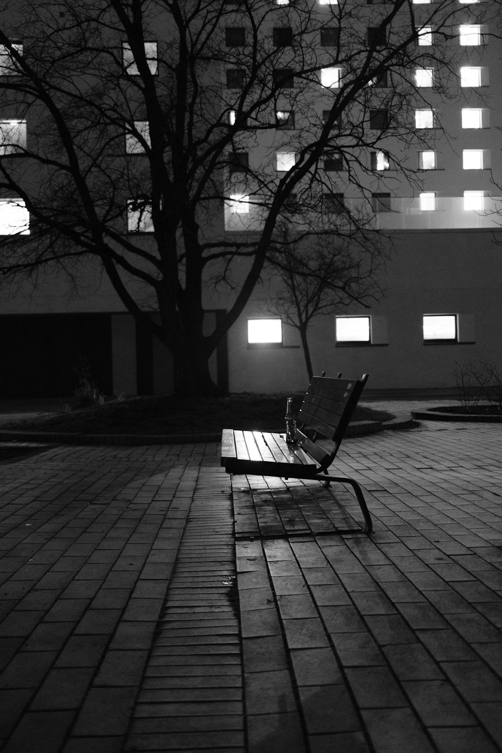 a black and white photo of a park bench