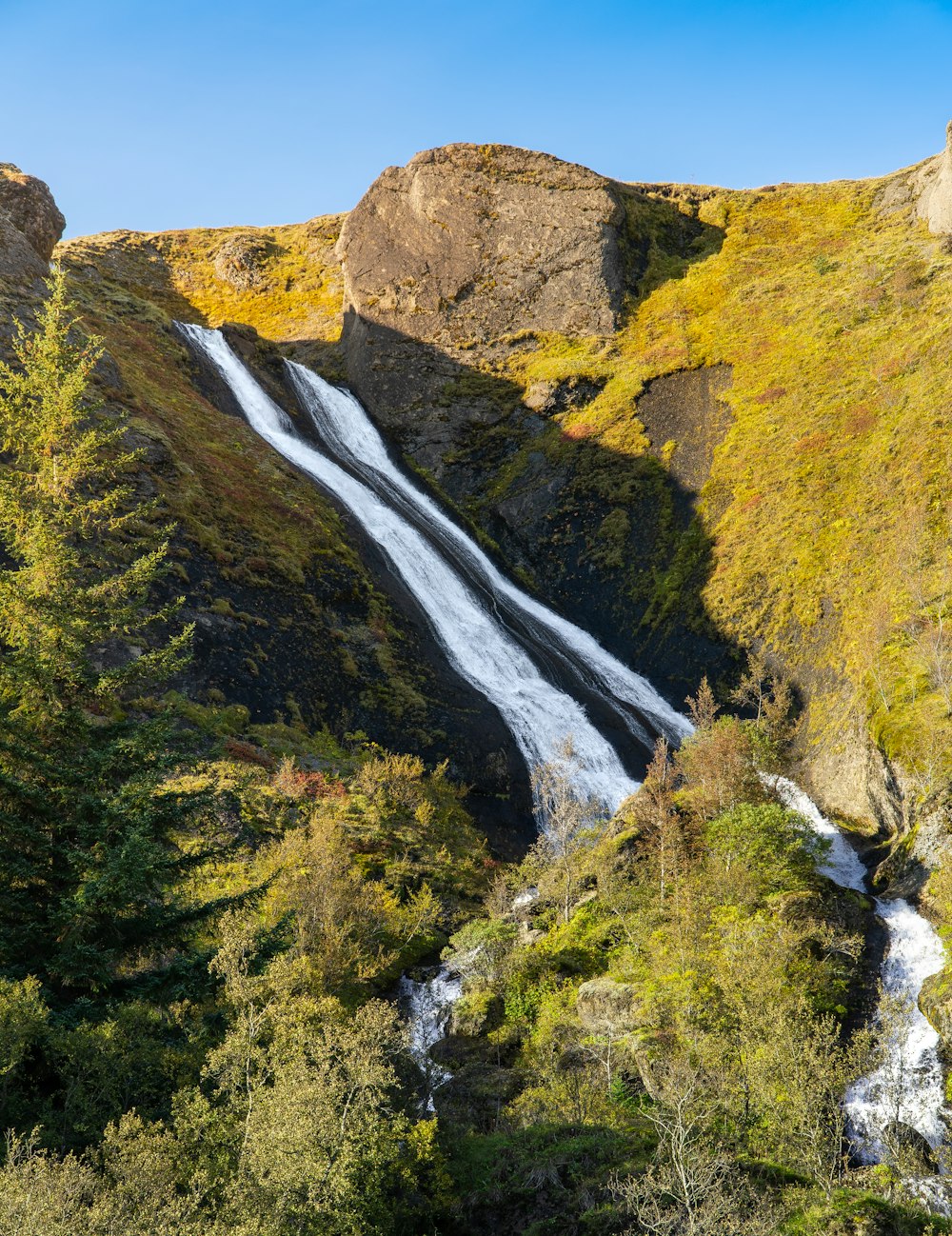 a large waterfall in the middle of a forest