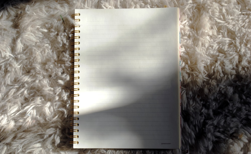 an open notebook sitting on top of a fluffy white rug