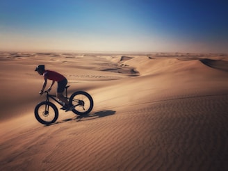 a person riding a bike in the desert