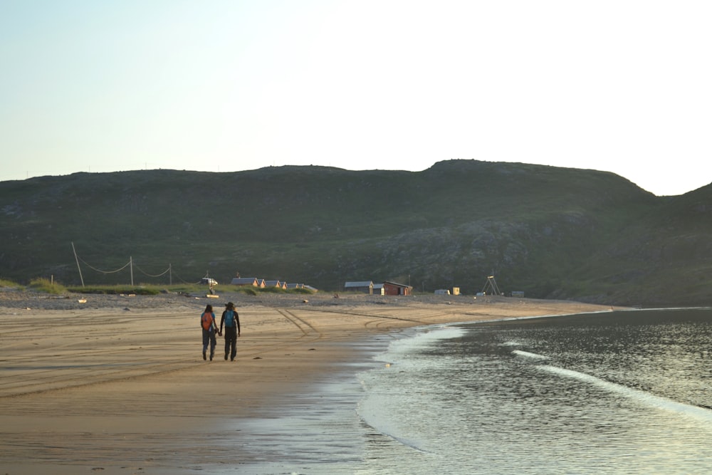 a couple of people walking along a sandy beach