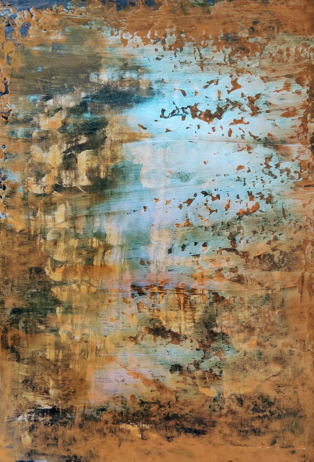 an abstract painting with blue and brown colors