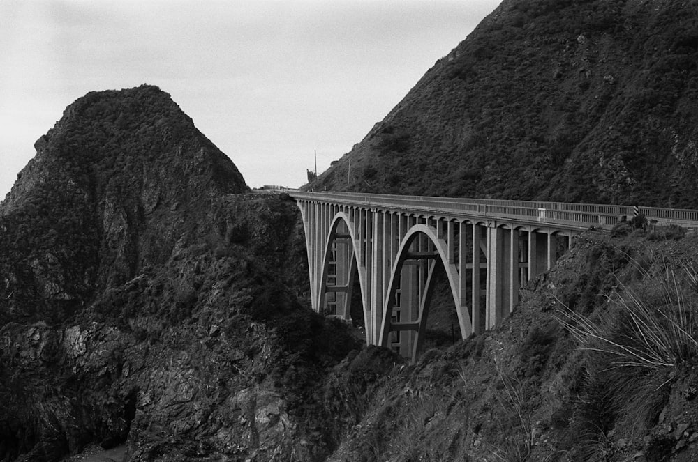 a black and white photo of a bridge and mountains