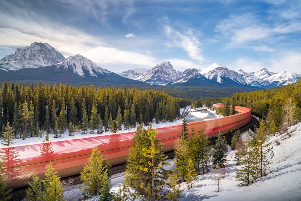 a red train traveling through a snow covered forest