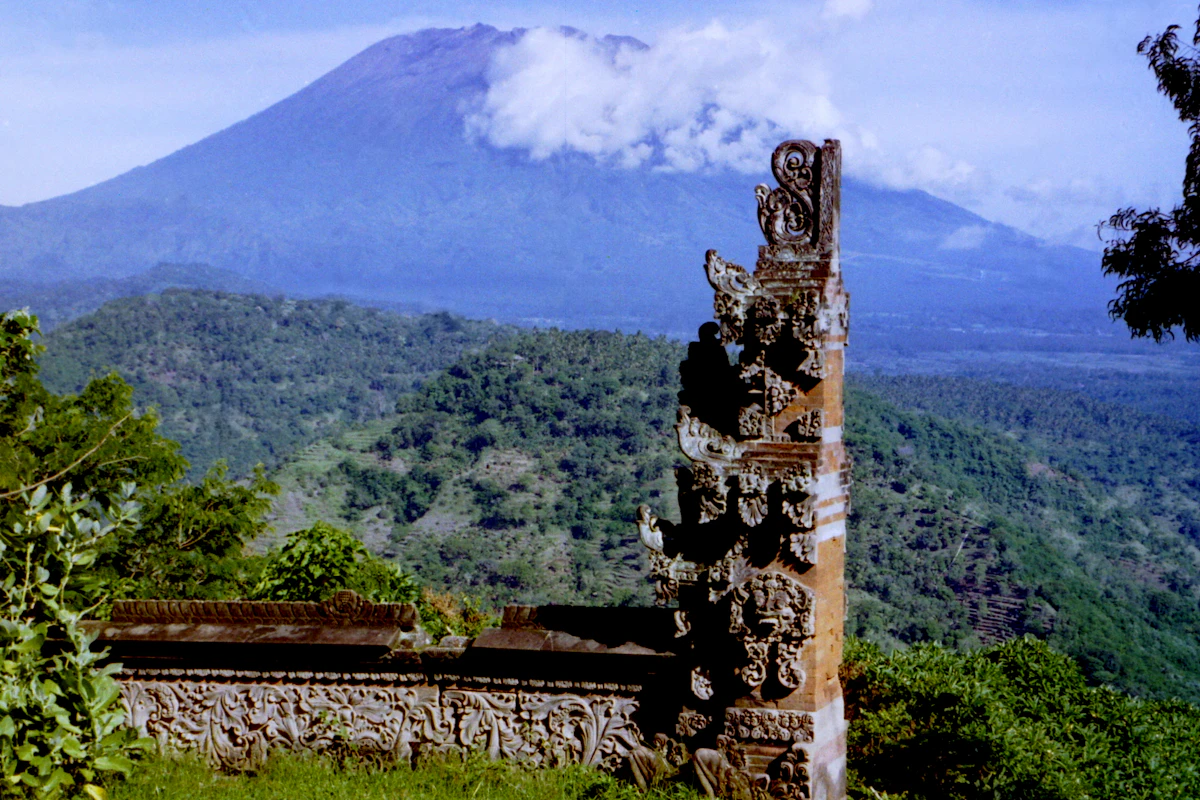 Candi bentar split stone gateway framing panoramic views of Mount Agung