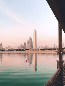 a body of water with a city in the background