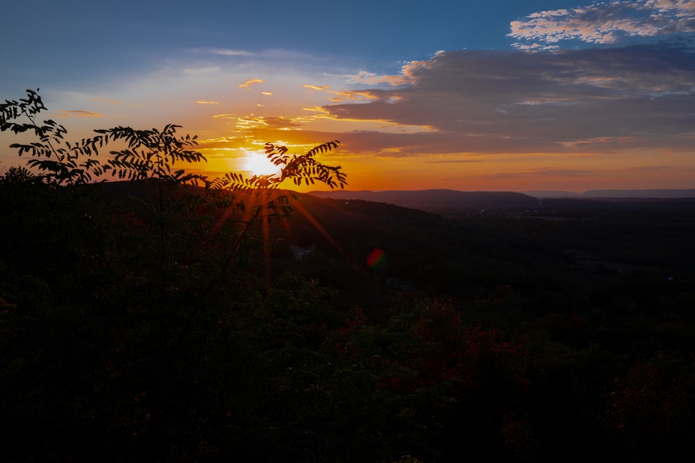 El sol se está poniendo sobre las montañas y los árboles