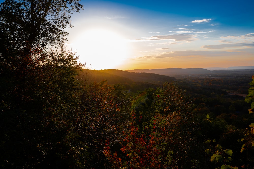 the sun is setting over the mountains and trees