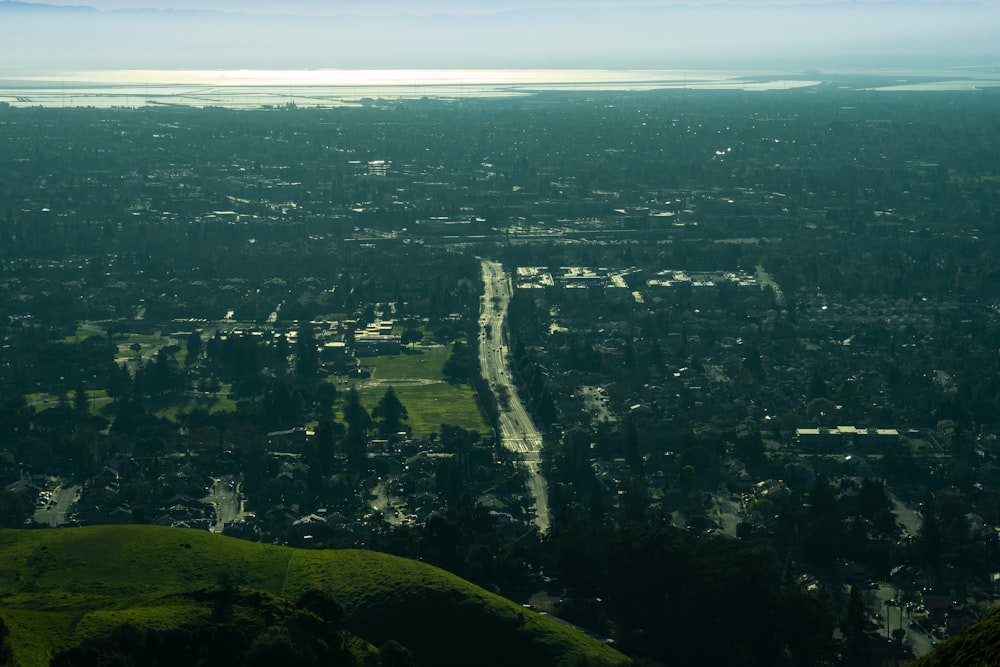 an aerial view of a city with a river running through it