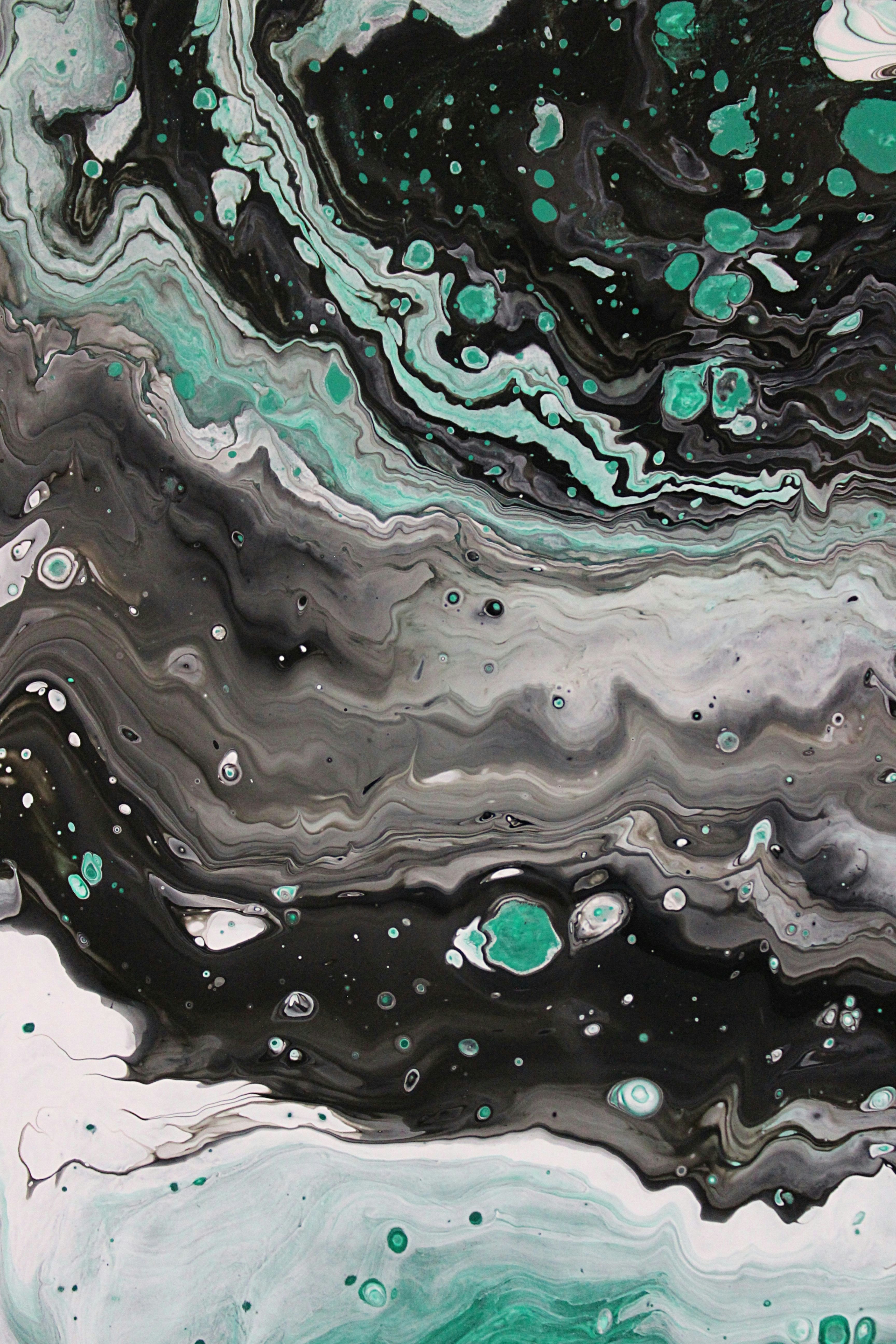 an abstract painting with black, white, and green colors