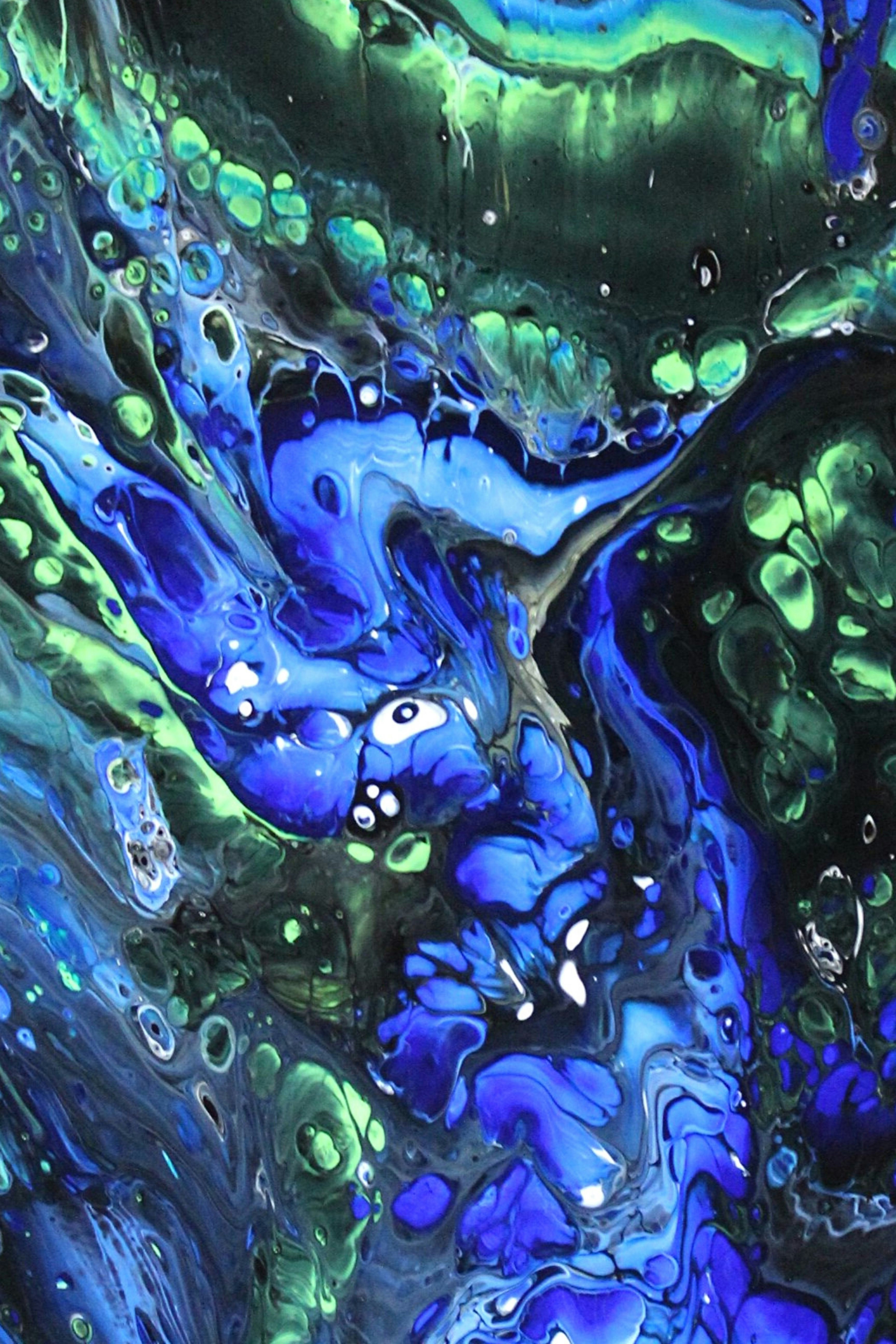 an abstract painting with blue and green colors