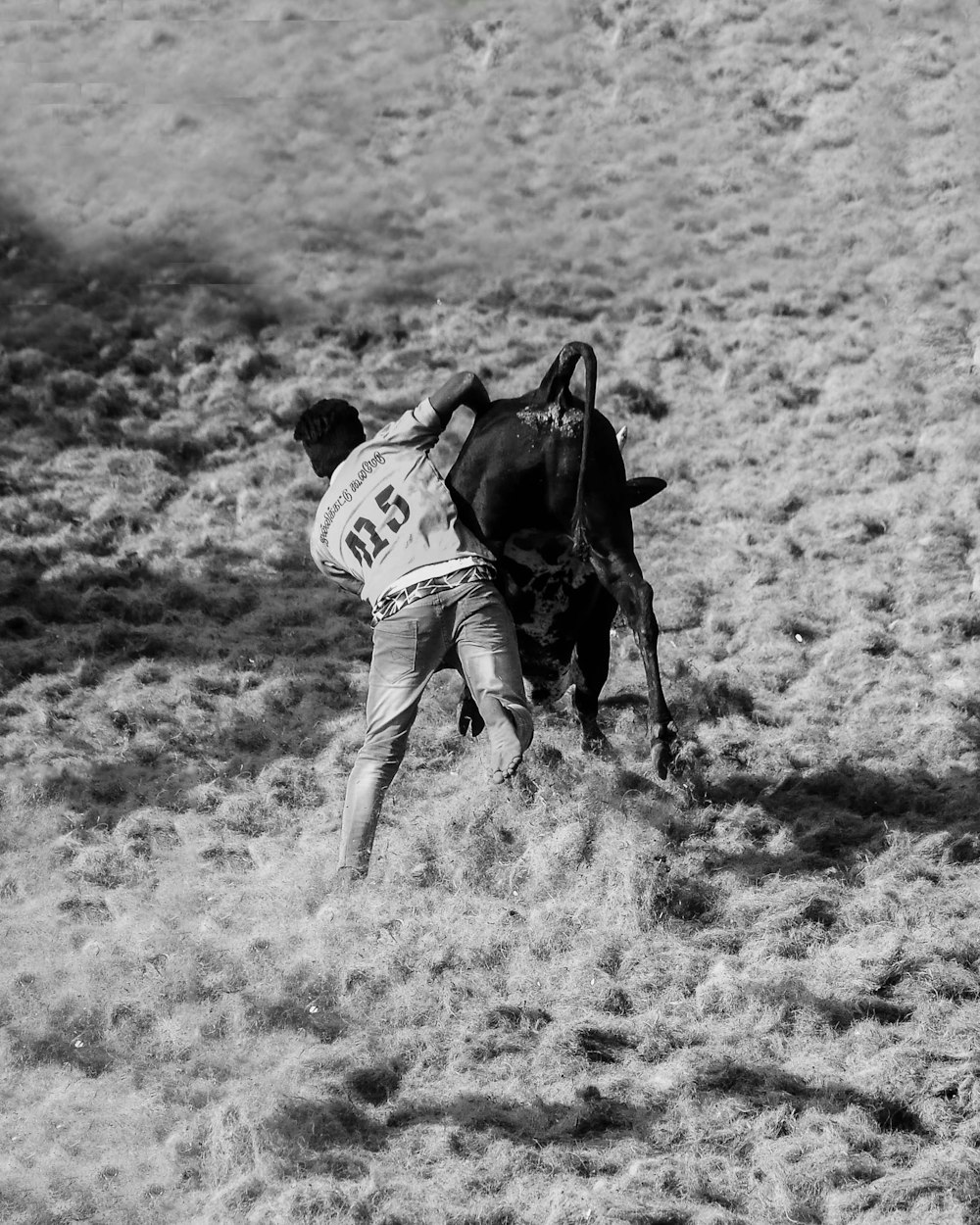 a black and white photo of a man plowing a field with a horse