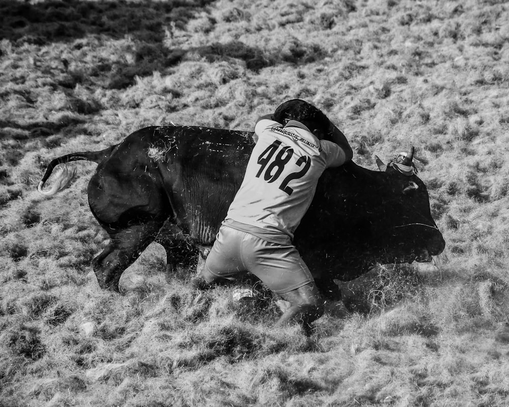 a black and white photo of a man wrestling a bull