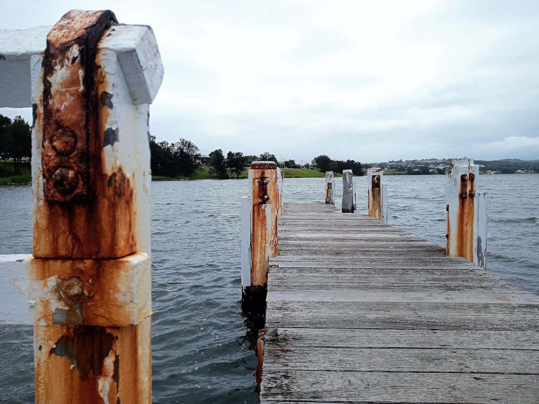Ponton de planches usées avançant sur l'eau, rive verte au fond