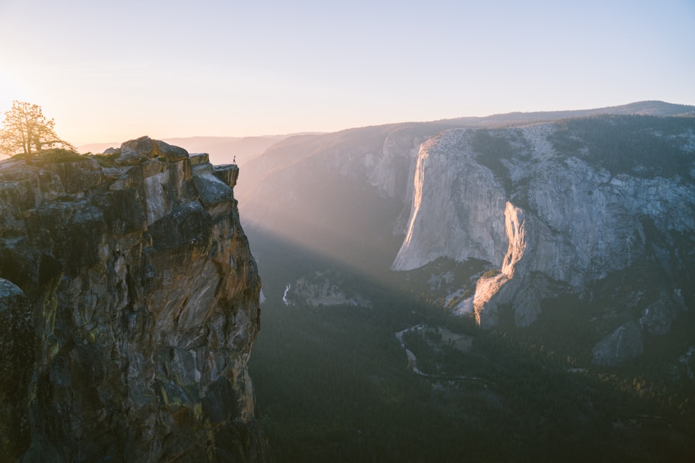 a man standing on top of a cliff next to a forest