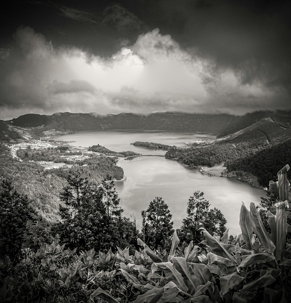 a black and white photo of a lake surrounded by trees