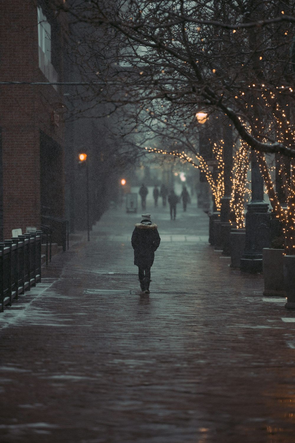 a person walking down a sidewalk in the snow