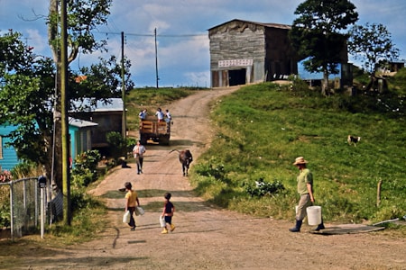 A rural scene features a dirt road leading up to a large wooden building on a hill. Several people are walking along the road, including a man with a white bucket and two children holding similar containers. A vehicle with passengers is seen in the background, and a man is guiding a cow. Trees and grassy areas surround the structures, creating a pastoral setting.