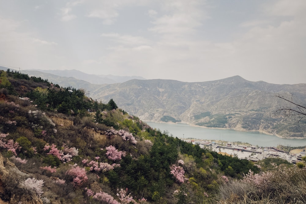 a scenic view of a mountain with a lake in the distance