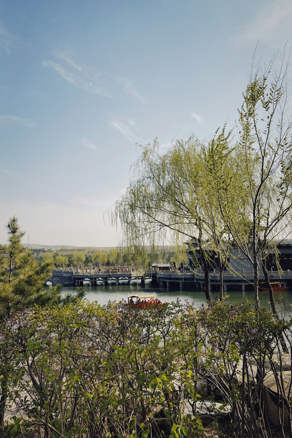 a boat dock surrounded by trees and a body of water