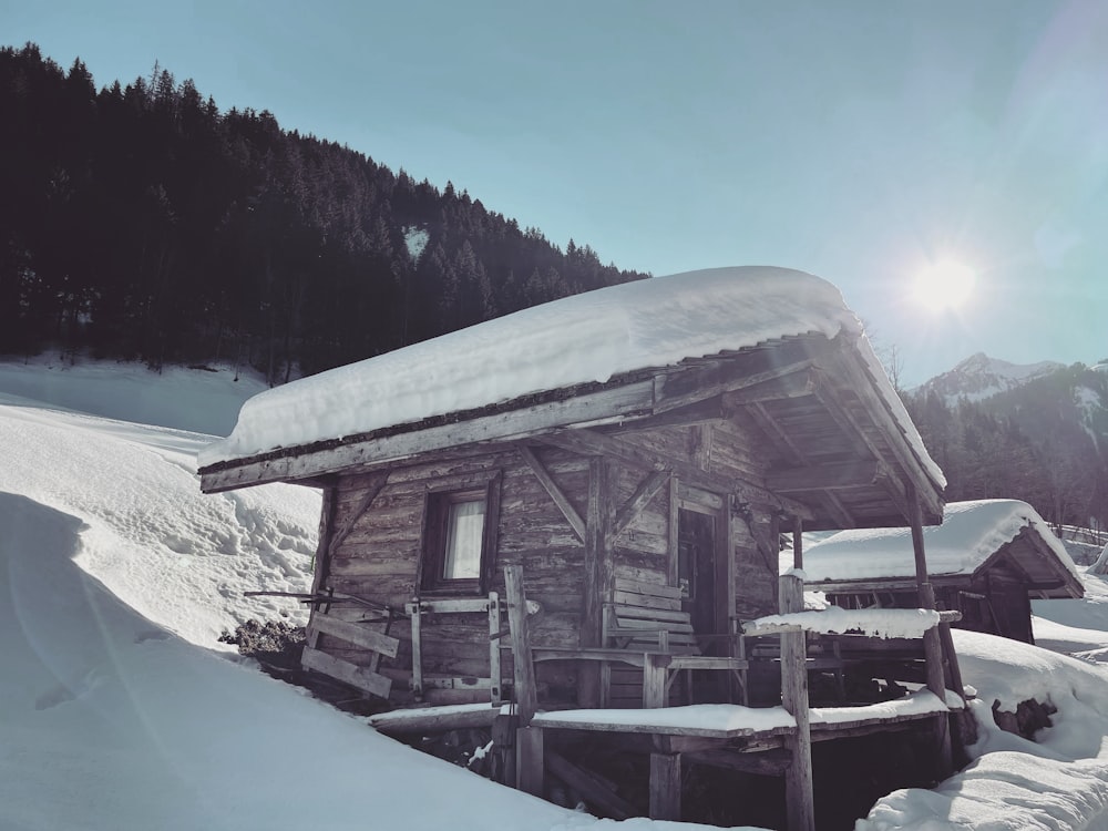 a log cabin in the middle of a snowy mountain