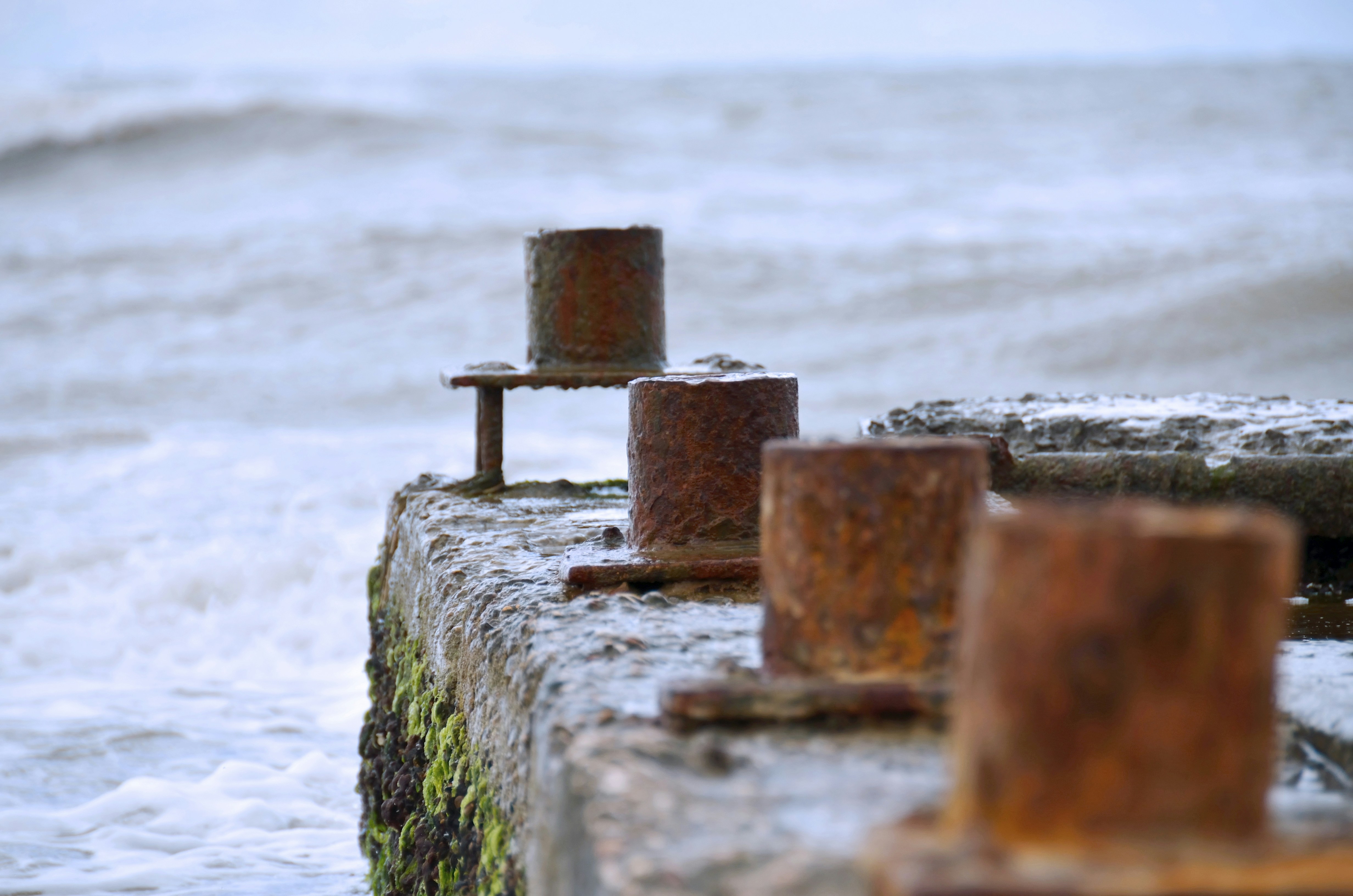 A rusted out bench sitting on the side of a body of water photo – Free ...